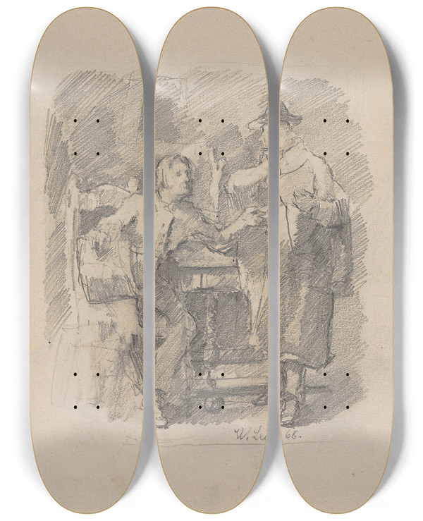 Triptych art skateboard deck of Wilhelm Leibl The Critic by Wilhelm Leibl (1844-1900)