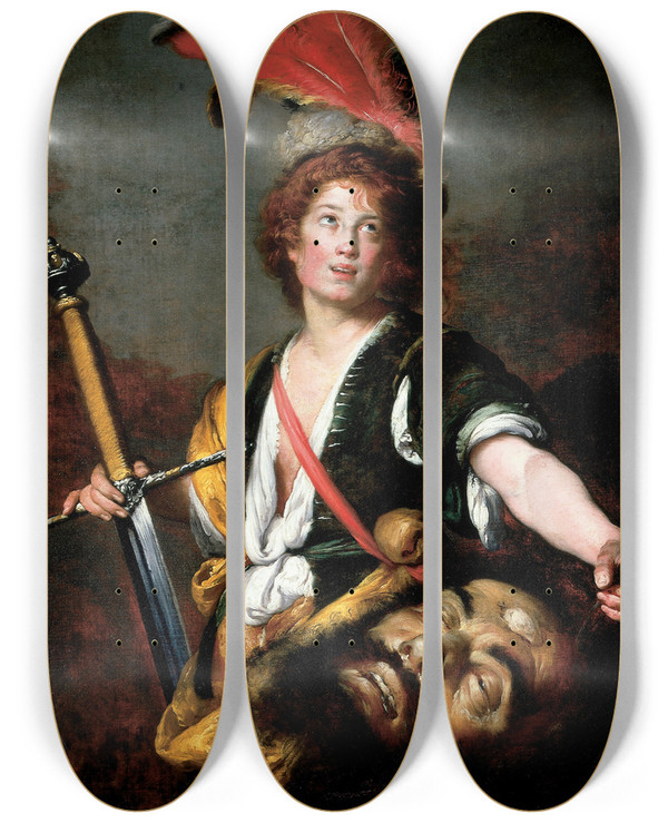 Triptych art skateboard deck of Bernardo Strozzi David With The Head Of Goliath by Bernardo Strozzi (1581-1644)