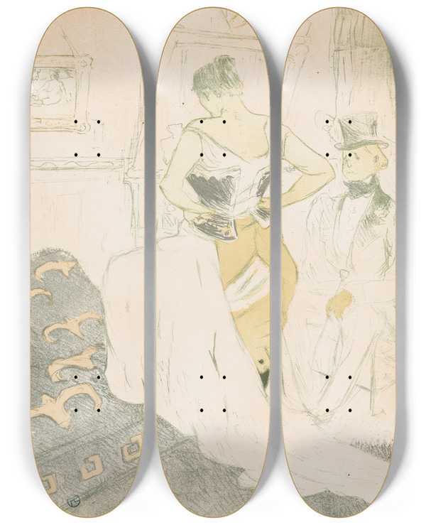 Triptych art skateboard deck of Henri De Toulouselautrec Elles Woman In A Corset_2 by Henri de Toulouse-Lautrec (1864-1901)