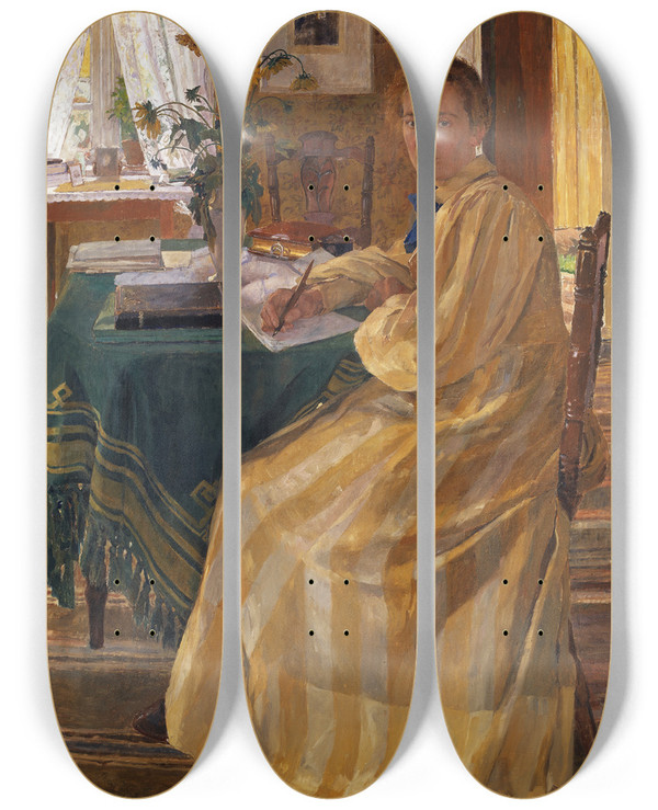 Triptych art skateboard deck of Carl Wilhelmson The Artists Sister by Carl Wilhelmson (1866-1928)