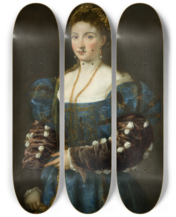 Triptych art skateboard deck of Titian Portrait Of A Lady La Bella by Titian (1488-1576)