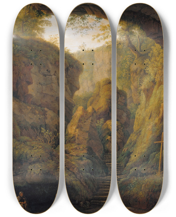 Triptych art skateboard deck of Jakob Philipp Hackert Saint Francis Grotto On Monte Verna_2 by Jakob Philipp Hackert (1737-1807)