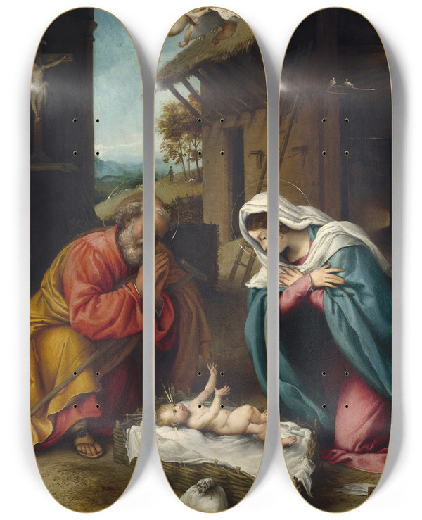 Triptych art skateboard deck of Lorenzo Lotto The Nativity_1 by Lorenzo Lotto (1480-1556)