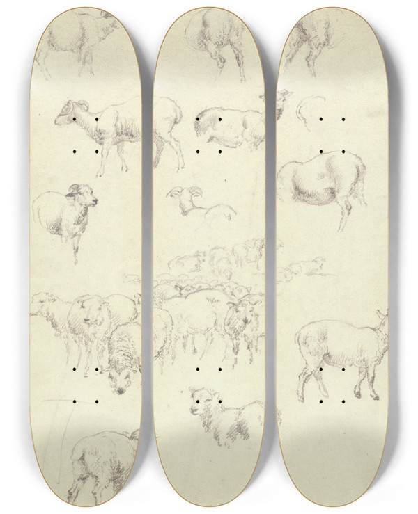 Triptych art skateboard deck of Robert Hills Flock Of Sheep by Robert Hills (1769-1844)