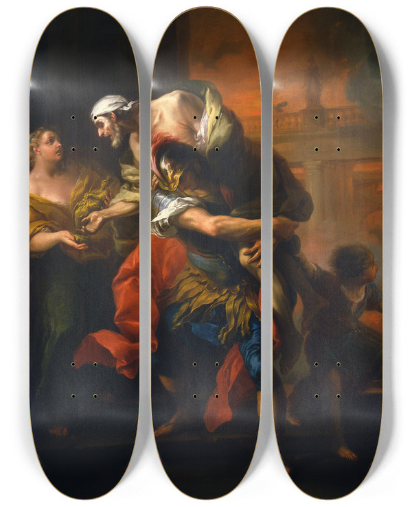 Triptych art skateboard deck of Charlesandr Van Loo Aeneas Rescuing His Father From The Fire At Troy by Charles-Andr van Loo (1705-1765)