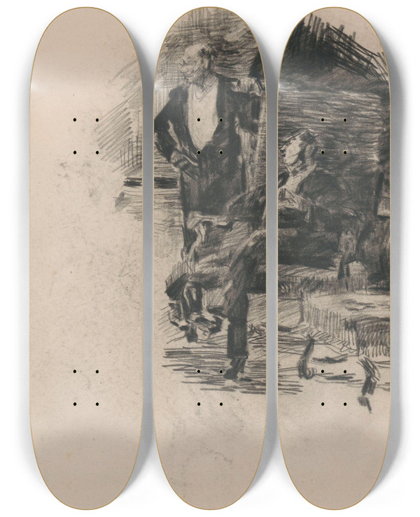 Triptych art skateboard deck of James Ensor Seated And Standing Gentleman by James Ensor (1860-1949)