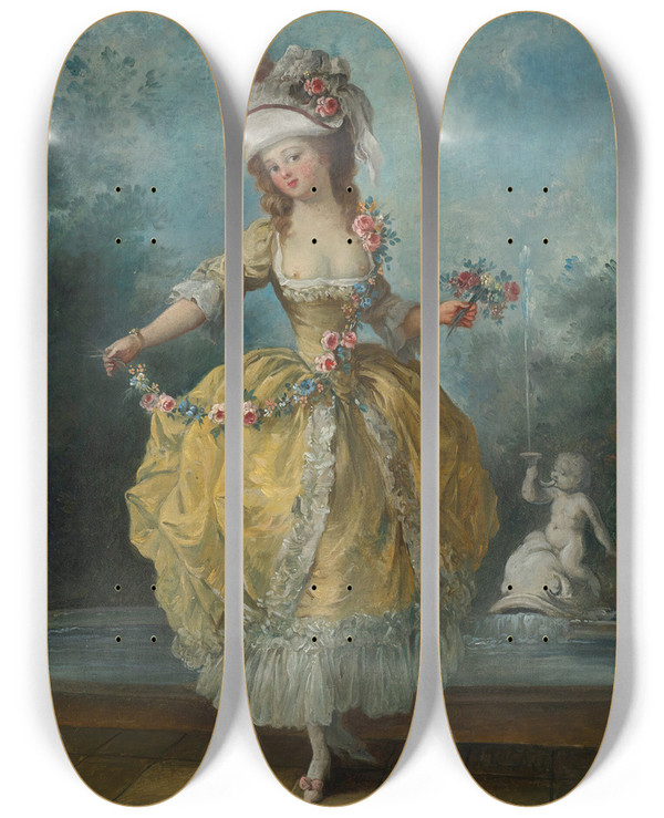 Triptych art skateboard deck of Jeanfrdric Schall A Young Lady In A Garden Holding A Garland Of Flowers by Jean-Frdric Schall (1752-1825)