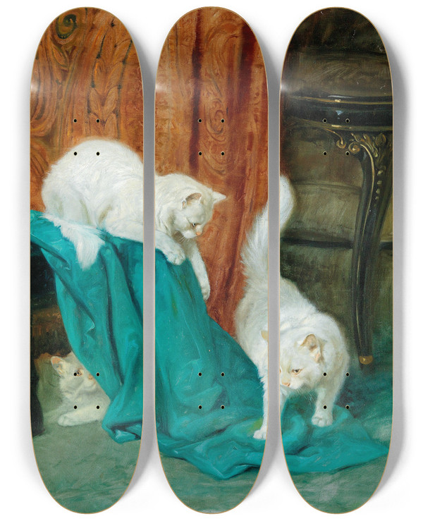 Triptych art skateboard deck of Arthur Heyer Cats Playing by Arthur Heyer (1872-1931)