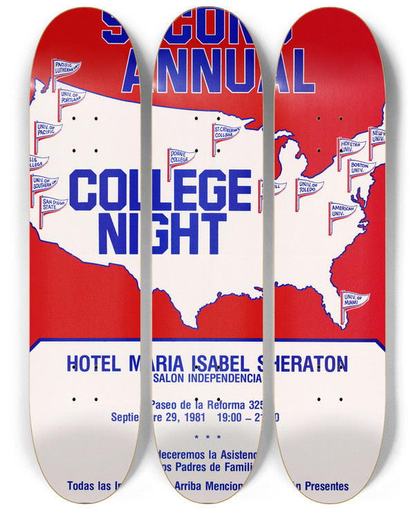 Triptych art skateboard deck of Us Information Agency Second Annual College Night by U S Information Agency (1953-1999)