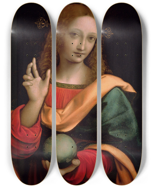Triptych art skateboard deck of Giampietrino Giovanni Pietro Rizzoli Salvator Mundi_2 by Giampietrino (Giovanni Pietro Rizzoli) (1520)
