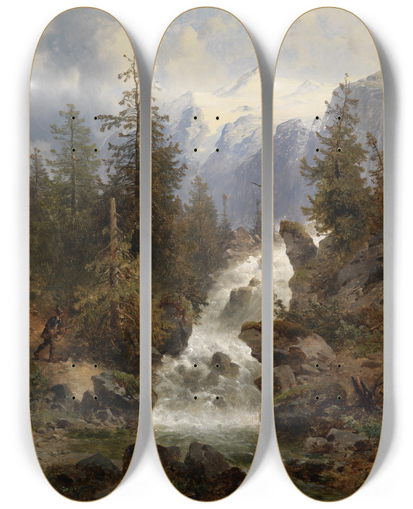 Triptych art skateboard deck of Josef Thoma Jger Am Wasserfall by Josef Thoma (1828-1899)