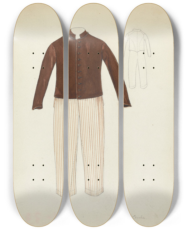 Triptych art skateboard deck of Margaret Concha Pants And Coat by Margaret Concha