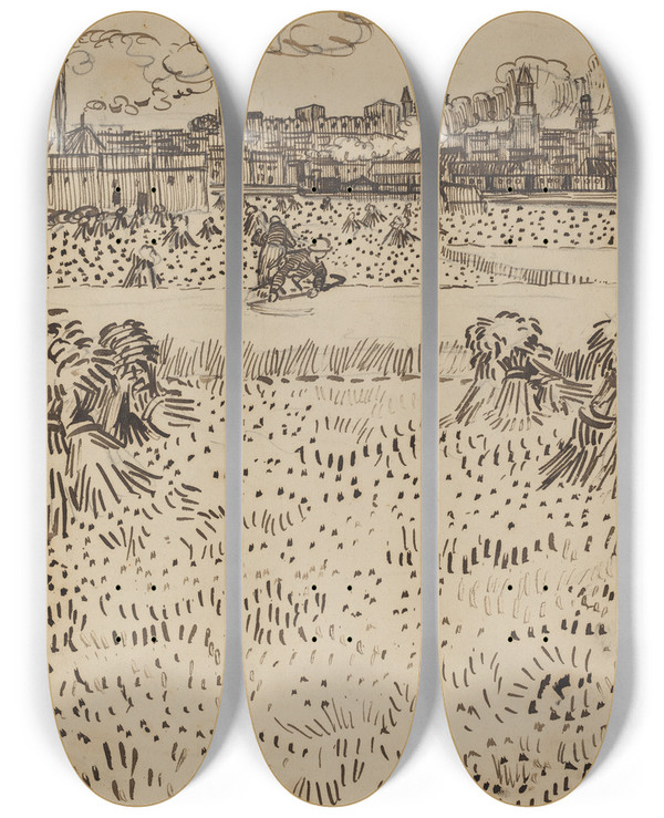 Triptych art skateboard deck of Vincent Van Gogh The Harvest_2 by Vincent van Gogh (1853-1890)