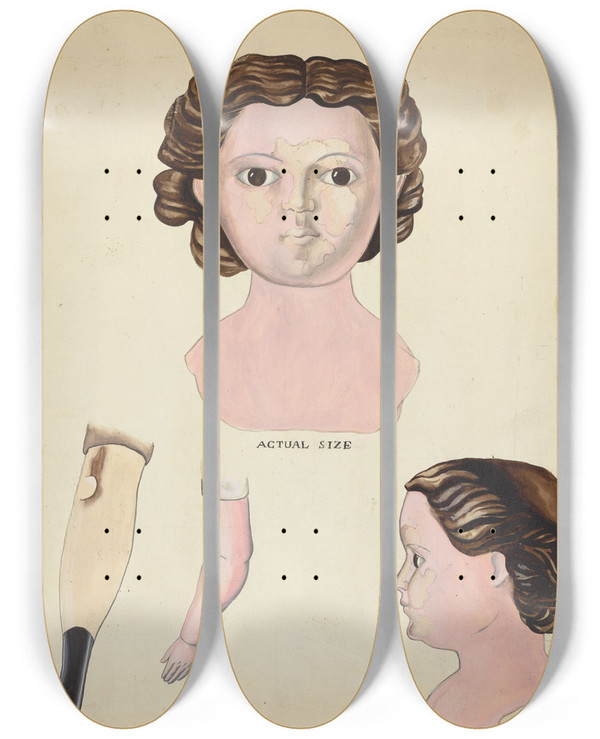 Triptych art skateboard deck of Archie Thompson Doll by Archie Thompson