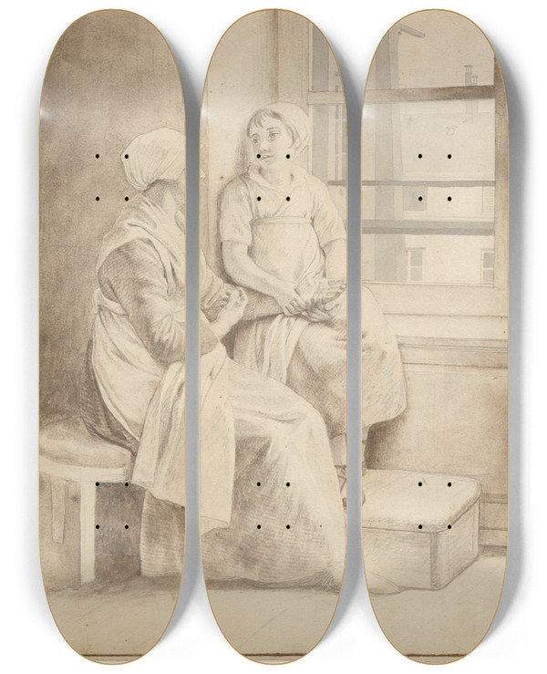 Triptych art skateboard deck of Christoffer Wilhelm Eckersberg Mor Og Datter Eckersbergs Vrtinde I Paris by Christoffer Wilhelm Eckersberg (1783-1853)