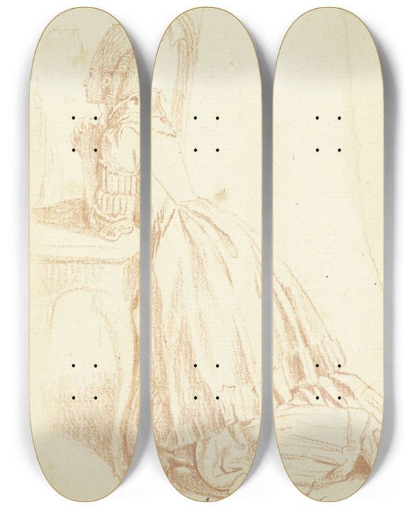 Triptych art skateboard deck of Daniel Nikolaus Chodowiecki Kniende Dame Im Profil Nach Links Die Ellbogen Auf Einen Stuhl Gesttzt Die Hnde Gefaltet by Daniel Nikolaus Chodowiecki (1726-1801)