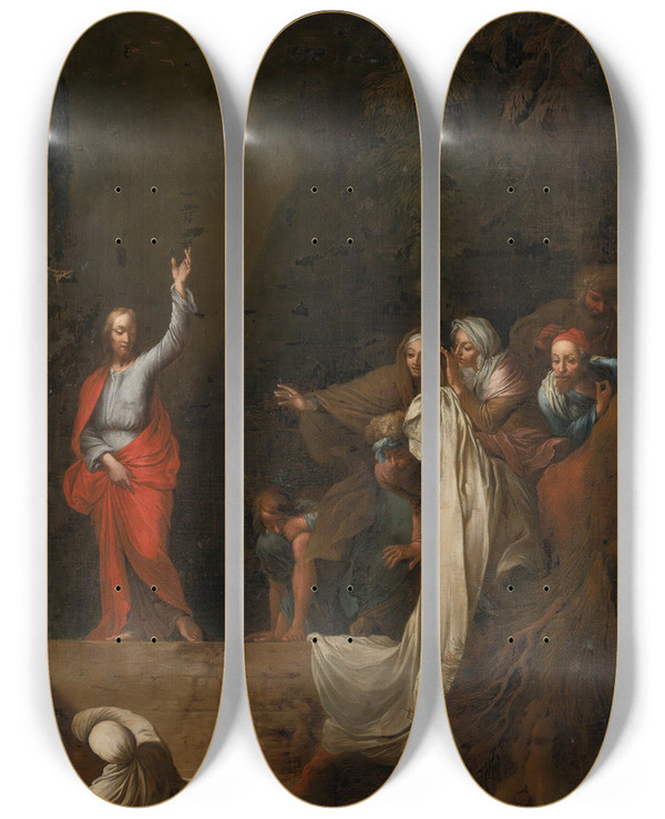 Triptych art skateboard deck of Follower Of Salvator Rosa The Raising Of Lazarus by Follower Of Salvator Rosa (1615-1673)