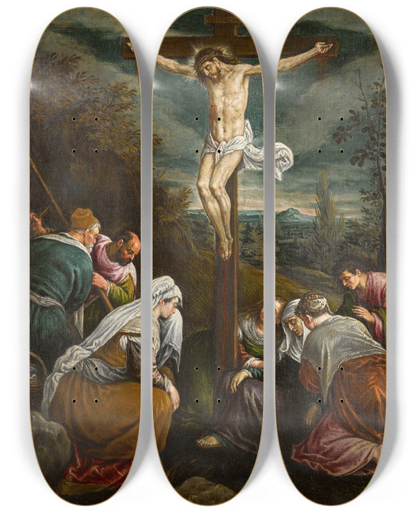 Triptych art skateboard deck of Workshop Of Jacopo Bassano The Crucifixion by Workshop Of Jacopo Bassano (1510-1592)