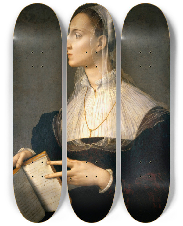 Triptych art skateboard deck of Agnolo Bronzino Portrait Of Laura Battiferri by Agnolo Bronzino (1503-1572)