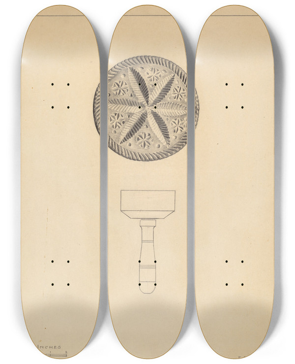 Triptych art skateboard deck of Florence Choate Butter Stamp by Florence Choate