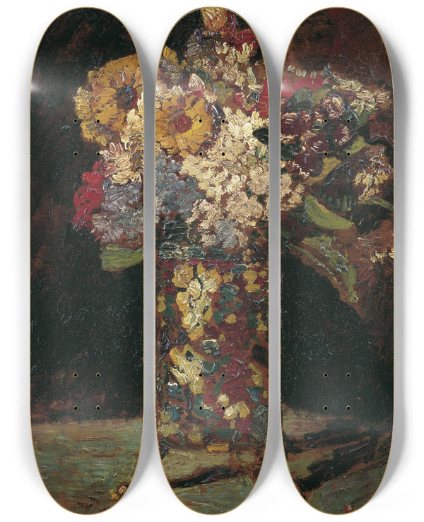 Triptych art skateboard deck of Adolphe Monticelli Flower Still Life by Adolphe Monticelli (1824-1886)