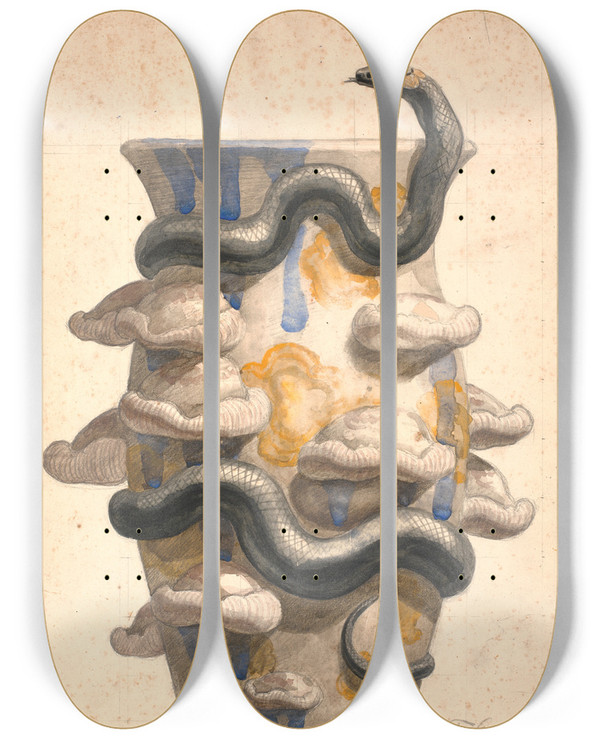Triptych art skateboard deck of Joakim Skovgaard Forarbejde Til Vase Dekoreret Med Plastisk Udformet Slange Og Svampe by Joakim Skovgaard (1856-1933)
