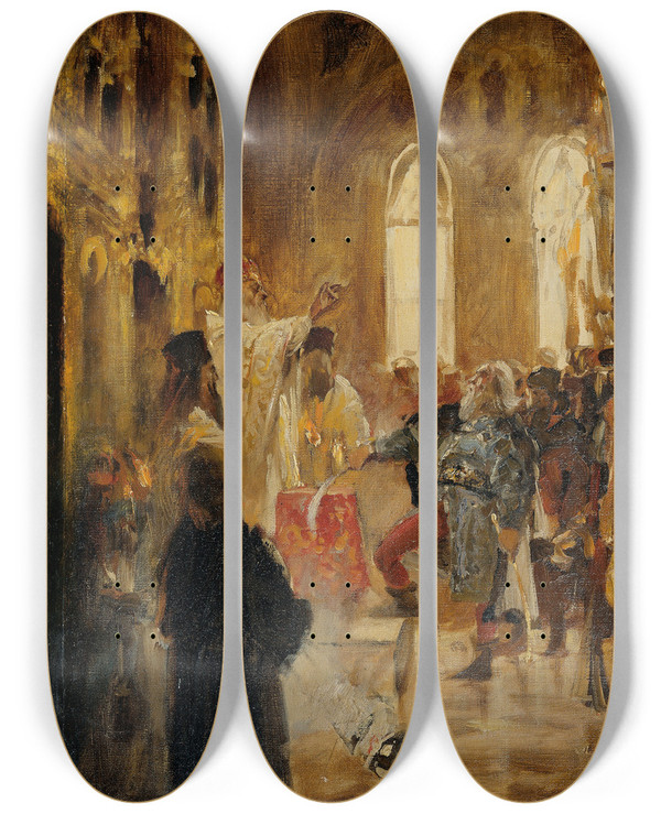 Triptych art skateboard deck of Jan Matejko Krnungsszene by Jan Matejko (1838-1893)