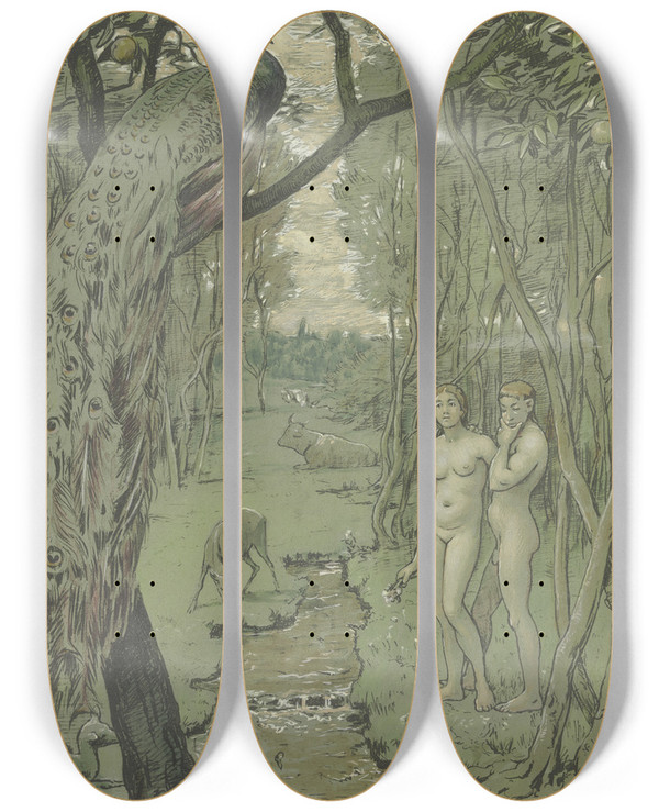 Triptych art skateboard deck of Hans Thoma Paradise With Peacock by Hans Thoma (1839-1924)