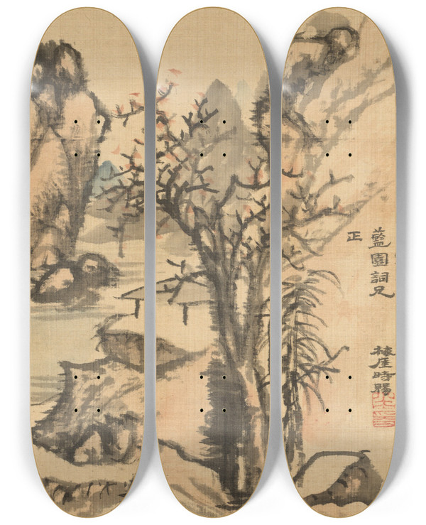 Triptych art skateboard deck of Totoki Baigai Landscape by Totoki Baigai (1749-1804)