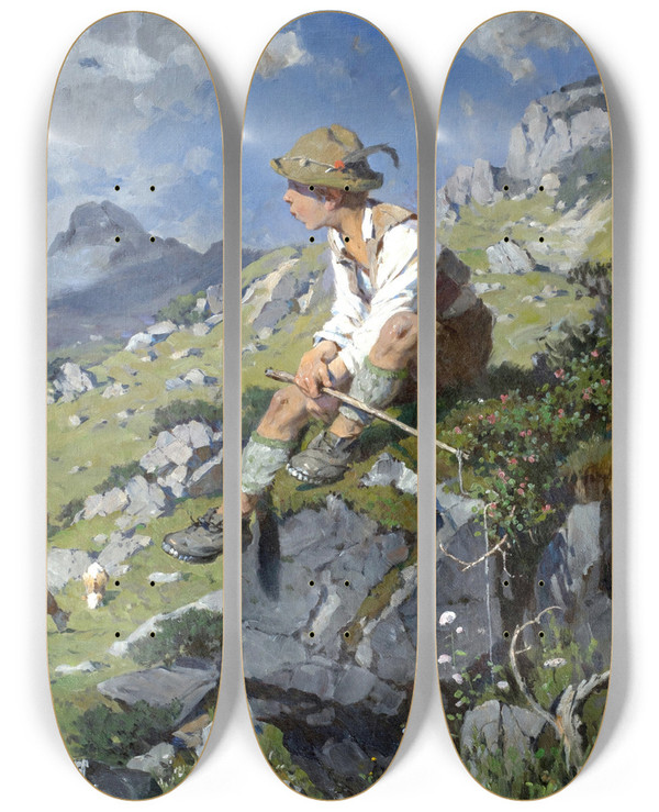 Triptych art skateboard deck of Fritz Freund Htebub Im Bayerischen Gebirge by Fritz Freund (1859-1942)