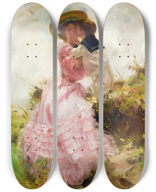 Triptych art skateboard deck of Charles Sims The Kiss by Charles Sims (1873-1928)
