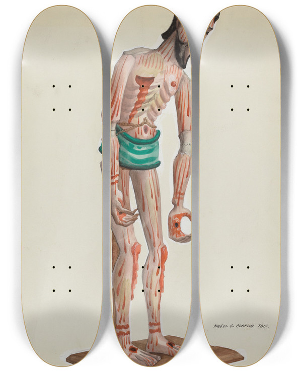 Triptych art skateboard deck of Majel G Claflin Wooden Christo Painted Front View by Majel G Claflin (1893-1941)