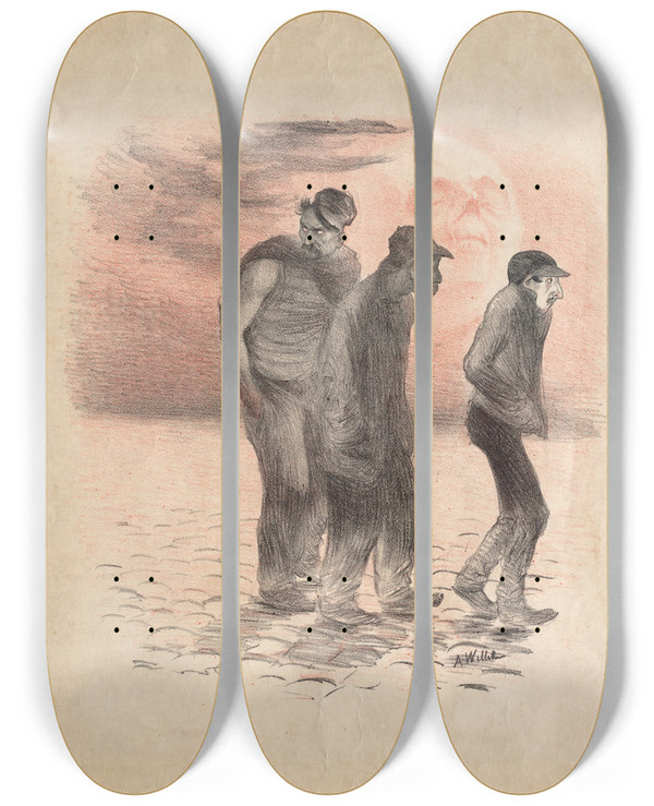 Triptych art skateboard deck of Adolphe Lon Willette Paris Scenes And Murderers by Adolphe Leon Willette (1857-1926)