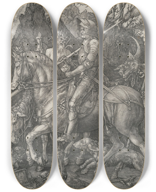 Triptych art skateboard deck of Albrecht Drer Knight Death And The Devil by Albrecht Durer (1471-1528)
