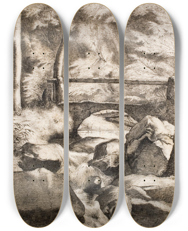 Triptych art skateboard deck of Heinrich Dreber A Bridge Over A Forest Stream by Heinrich Dreber (1822-1875)