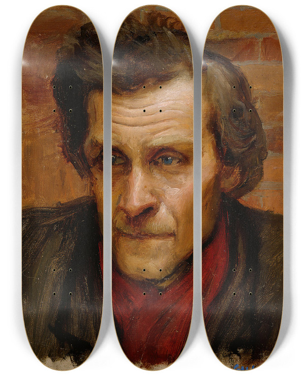 Triptych art skateboard deck of Akseli Gallenkallela Head Of A Man Study For The Painting By The River Of Tuonela by Akseli Gallen Kallela (1865-1931)