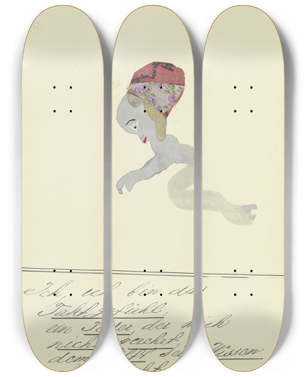 Triptych art skateboard deck of John Elsas Ich Ich Bin Das Taktgefhl by John Elsas (1851-1935)