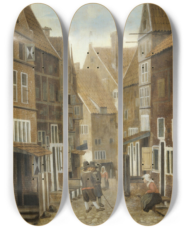 Triptych art skateboard deck of Jacob Vrel View Of A Town by Jacob Vrel (1617-1662)