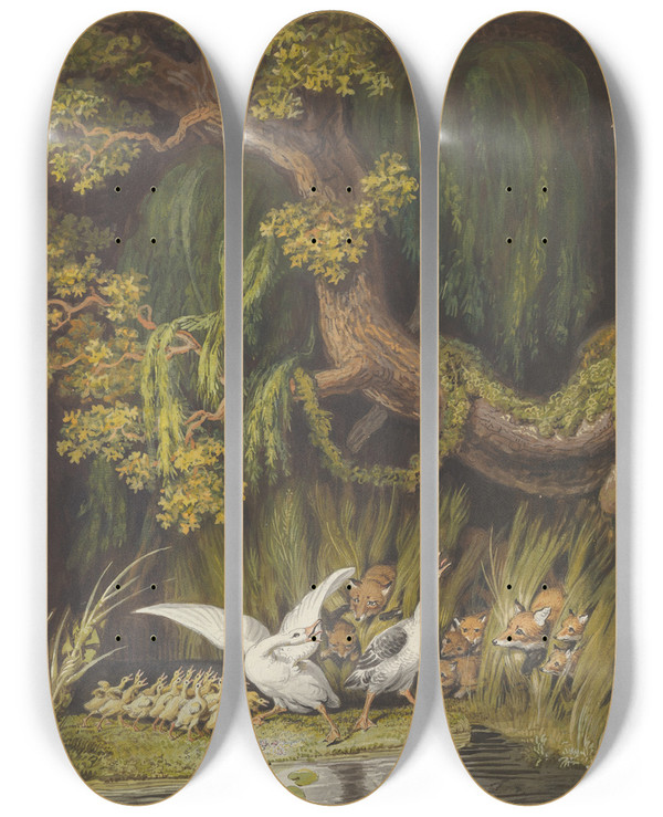 Triptych art skateboard deck of Johann Heinrich Wilhelm Tischbein A Goose And A Gander With Their Goslings Honking In Alarm As Two Foxes With Their Cubs Emerge From The Rushes by Johann Heinrich Wilhelm Tischbein (1751-1829)