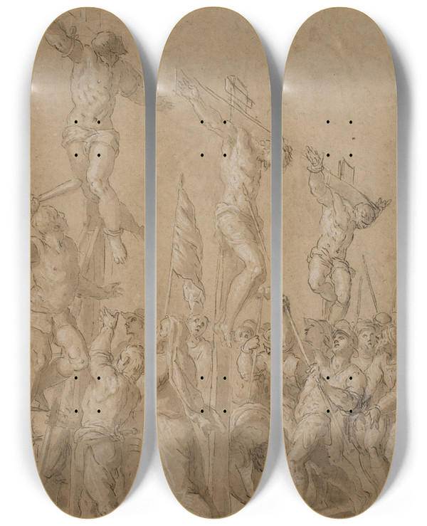 Triptych art skateboard deck of Jacopo Palma Il Giovane Korsfstelsen by Jacopo Palma Il Giovane (1548-1628)
