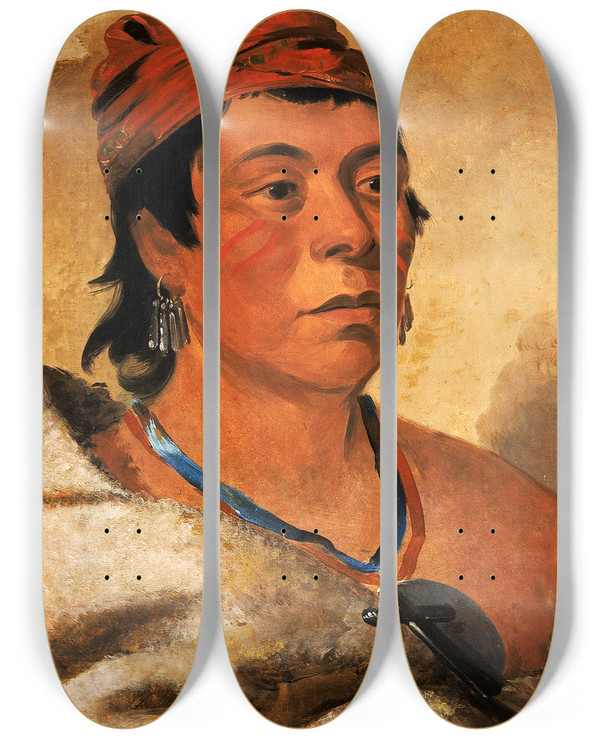 Triptych art skateboard deck of George Catlin Round Island A Warrior by George Catlin (1796-1872)