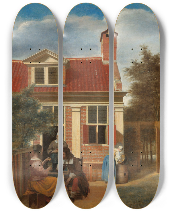Triptych art skateboard deck of Pieter De Hooch Figures In A Courtyard Behind A House by Pieter De Hooch (1629-1684)