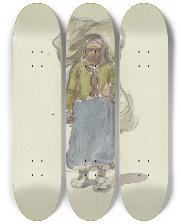 Triptych art skateboard deck of Jakob Frchtegott Dielmann Altes Frau Einen Sack Auf Dem Kopf Und Einen Korb Am Arm Von Vorne Gesehen by Jakob Furchtegott Dielmann (1809-1885)