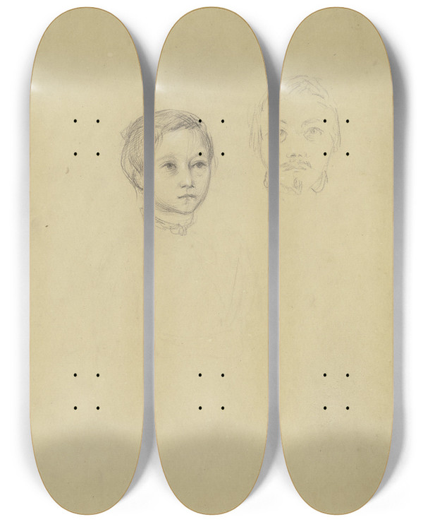 Triptych art skateboard deck of Philipp Winterwerb Portrtkopf Eines Jungen Und Eines Mannes by Philipp Winterwerb (1837-1873)