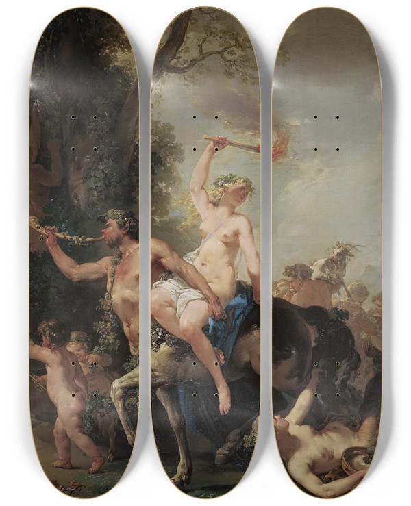 Triptych art skateboard deck of Jacquesphilippe Caresme A Bacchanal by Jacques Philippe Caresme (1734-1796)