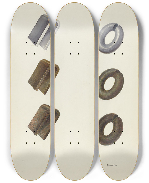 Triptych art skateboard deck of Gerald Transpota Color Notes On Iron by Gerald Transpota (1898-1971)