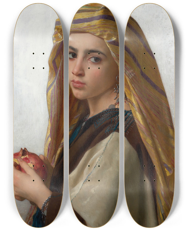 Triptych art skateboard deck of William Bouguereau Girl With A Pomegranate by William Bouguereau (1825-1905)