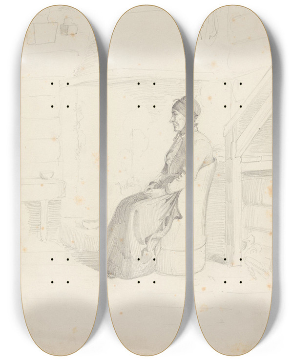 Triptych art skateboard deck of Adolph Tidemand Kvinne I Kubbestol by Adolph Tidemand (1814-1876)