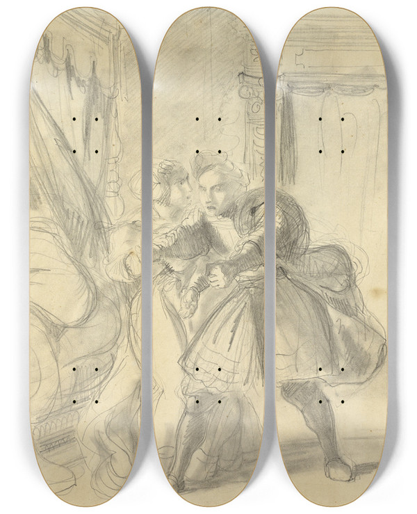 Triptych art skateboard deck of Eugne Delacroix Study by Eugene Delacroix (1798-1863)