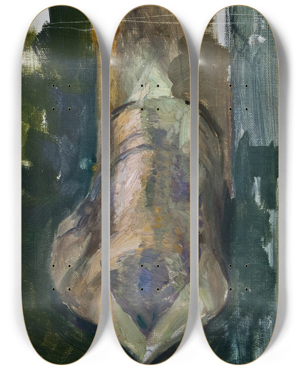 Triptych art skateboard deck of Richard Bergh Sketch For The Knight And The Maiden The Knights Shoe by Richard Bergh (1858-1919)